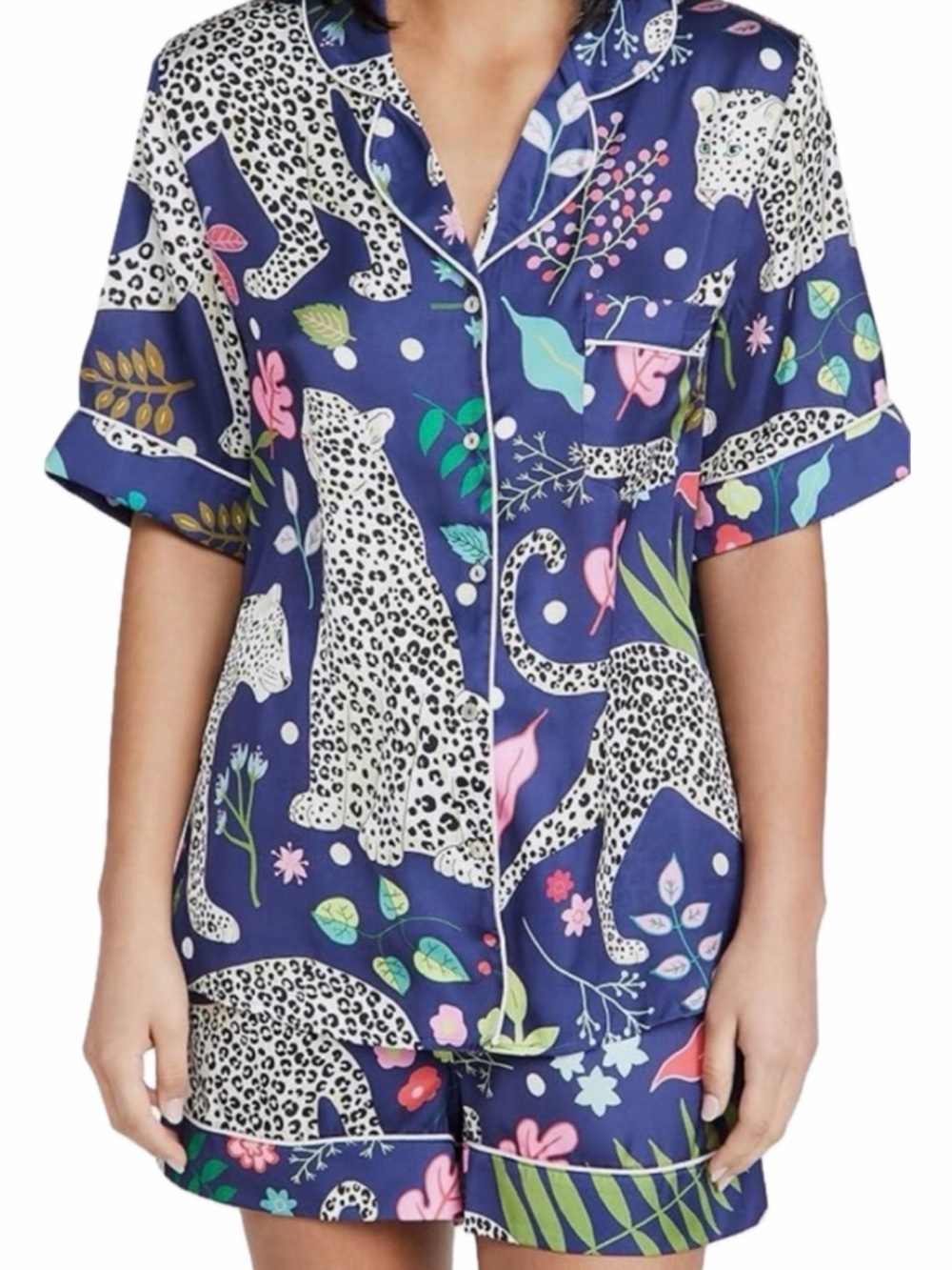 Satin Short Pajama Set in Navy Leopard & Floral Print